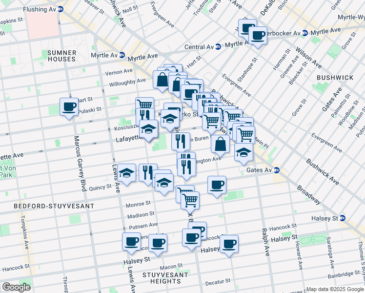 map of restaurants, bars, coffee shops, grocery stores, and more near 91A Malcolm X Boulevard in Brooklyn