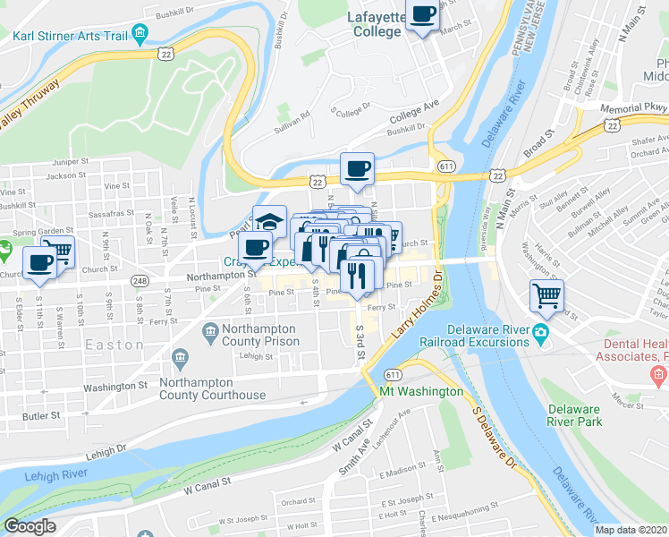 map of restaurants, bars, coffee shops, grocery stores, and more near 2 North Bank Street in Easton