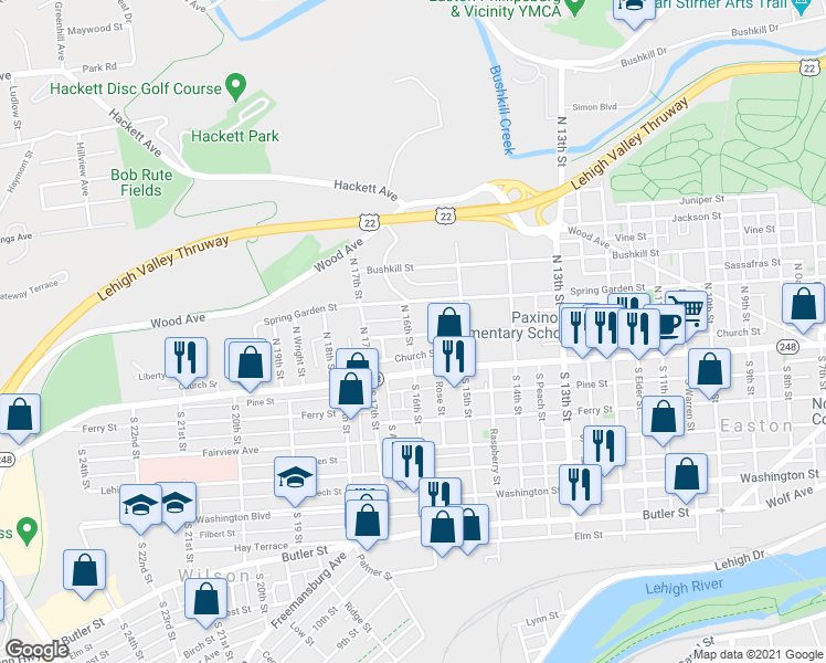 map of restaurants, bars, coffee shops, grocery stores, and more near 1551 Liberty Street in Easton