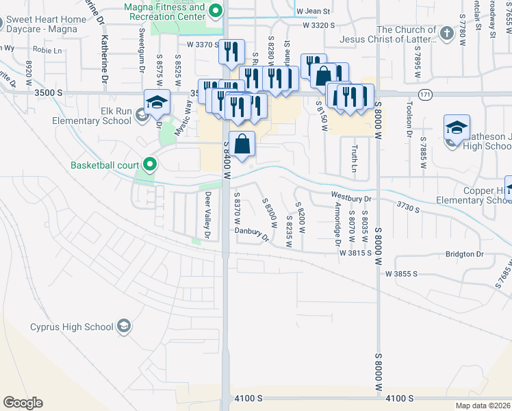 map of restaurants, bars, coffee shops, grocery stores, and more near 3740 Sage Brook Circle in Magna