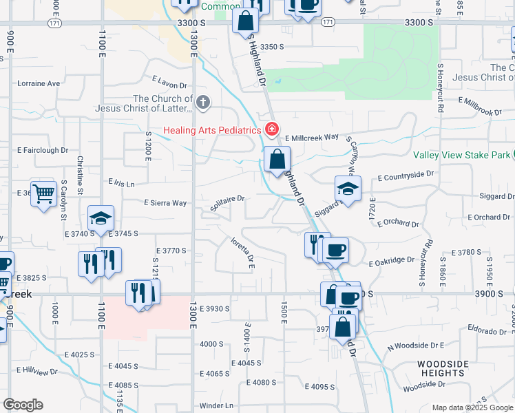 map of restaurants, bars, coffee shops, grocery stores, and more near 1422 Vineyard Court in Millcreek