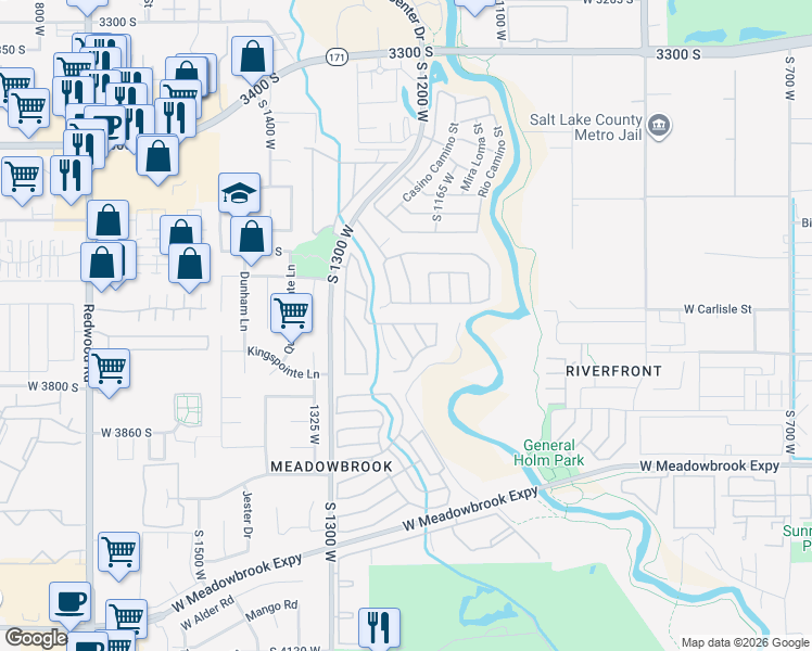 map of restaurants, bars, coffee shops, grocery stores, and more near 3692 Meadow Stream Road in West Valley City