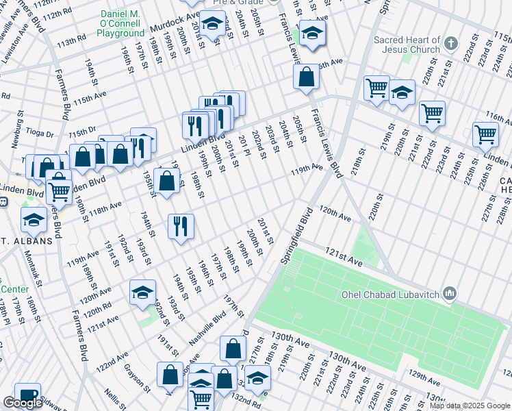 map of restaurants, bars, coffee shops, grocery stores, and more near 119-43 200th Street in Queens