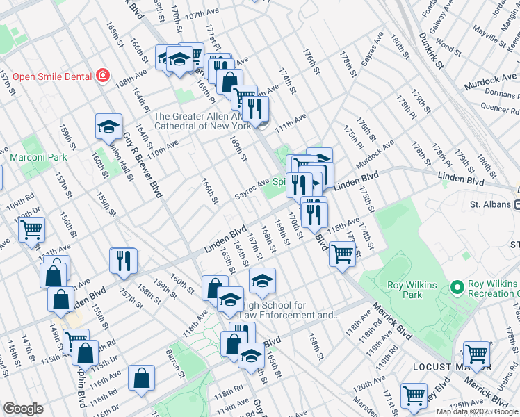 map of restaurants, bars, coffee shops, grocery stores, and more near 167-12 Linden Boulevard in Queens