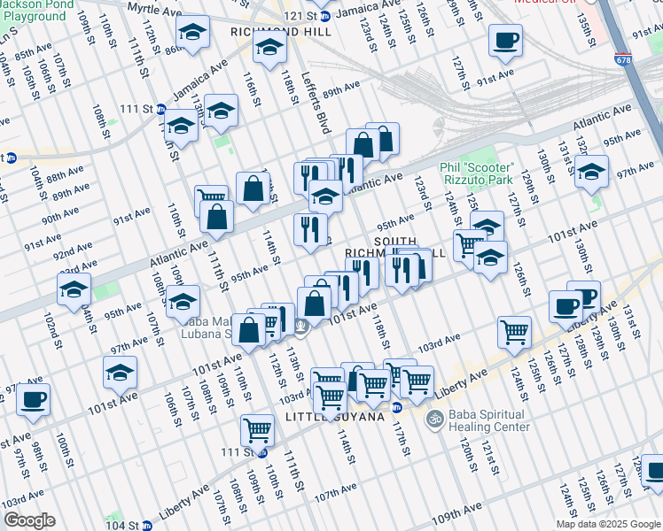 map of restaurants, bars, coffee shops, grocery stores, and more near 97-04 117th Street in Queens
