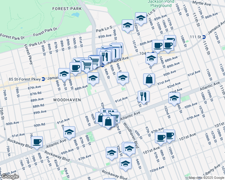 map of restaurants, bars, coffee shops, grocery stores, and more near 93-16 90th Avenue in Queens