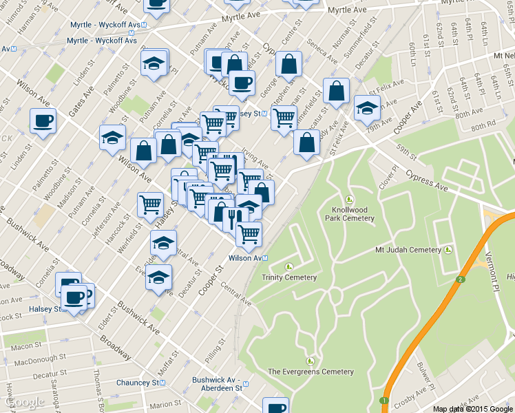 map of restaurants, bars, coffee shops, grocery stores, and more near 235A Cooper Street in Brooklyn