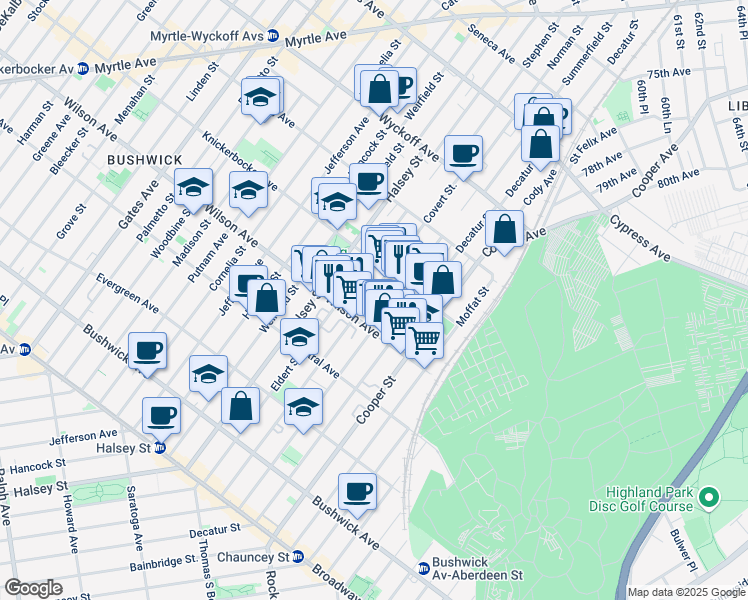 map of restaurants, bars, coffee shops, grocery stores, and more near 220 Schaefer Street in Brooklyn
