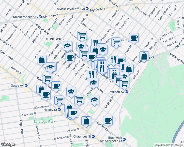map of restaurants, bars, coffee shops, grocery stores, and more near 1155 Halsey Street in Brooklyn