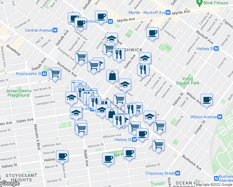 map of restaurants, bars, coffee shops, grocery stores, and more near in Brooklyn