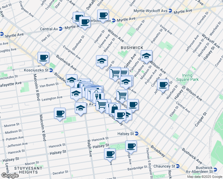 map of restaurants, bars, coffee shops, grocery stores, and more near 1071 Bushwick Avenue in Brooklyn