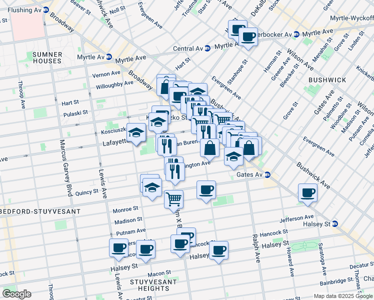 map of restaurants, bars, coffee shops, grocery stores, and more near 803 Lexington Avenue in Brooklyn