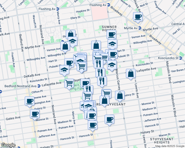 map of restaurants, bars, coffee shops, grocery stores, and more near 728 Lafayette Avenue in Brooklyn