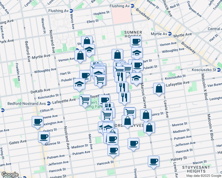 map of restaurants, bars, coffee shops, grocery stores, and more near 728 Lafayette Avenue in Brooklyn