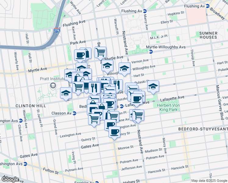 map of restaurants, bars, coffee shops, grocery stores, and more near 14 Spencer Court in Brooklyn
