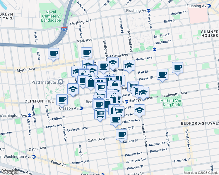 map of restaurants, bars, coffee shops, grocery stores, and more near 996 Bedford Avenue in Brooklyn