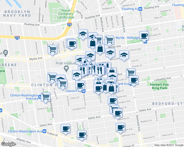 map of restaurants, bars, coffee shops, grocery stores, and more near 459 Dekalb Avenue in Brooklyn