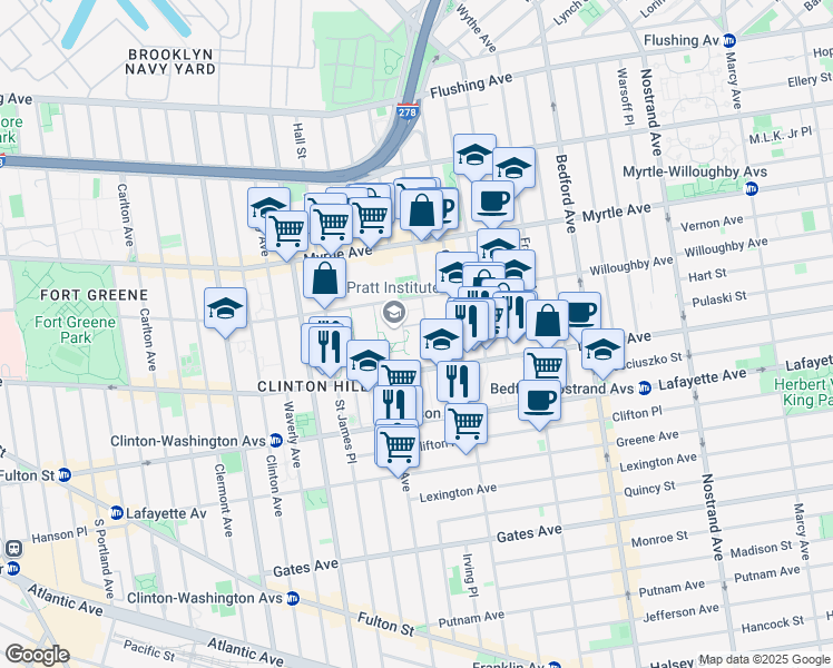 map of restaurants, bars, coffee shops, grocery stores, and more near 165 Steuben Street in Brooklyn