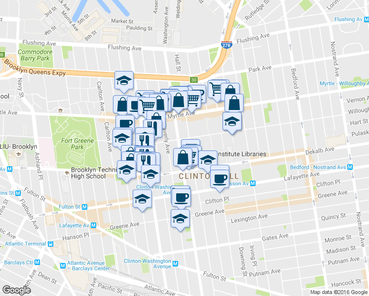 map of restaurants, bars, coffee shops, grocery stores, and more near 270 Washington Avenue in Brooklyn