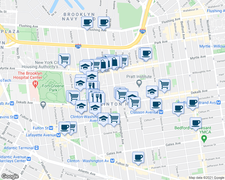 map of restaurants, bars, coffee shops, grocery stores, and more near 270 Washington Avenue in Brooklyn