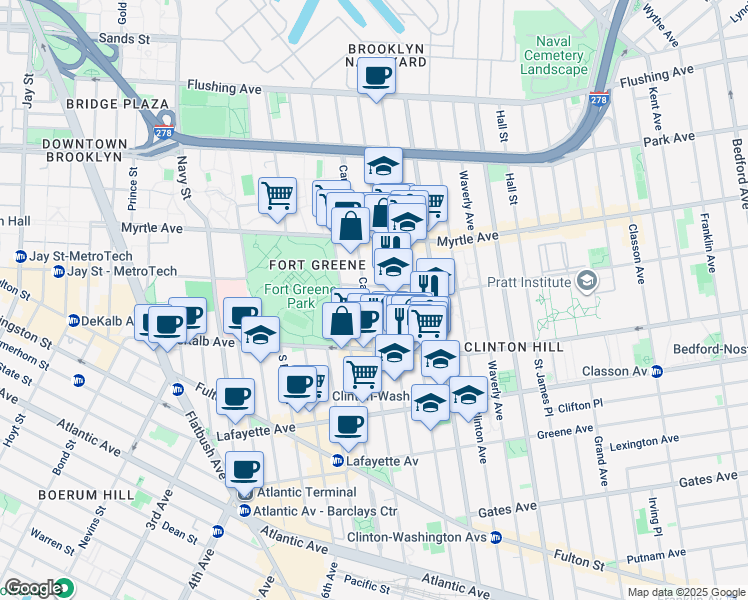 map of restaurants, bars, coffee shops, grocery stores, and more near 242 Carlton Avenue in Brooklyn