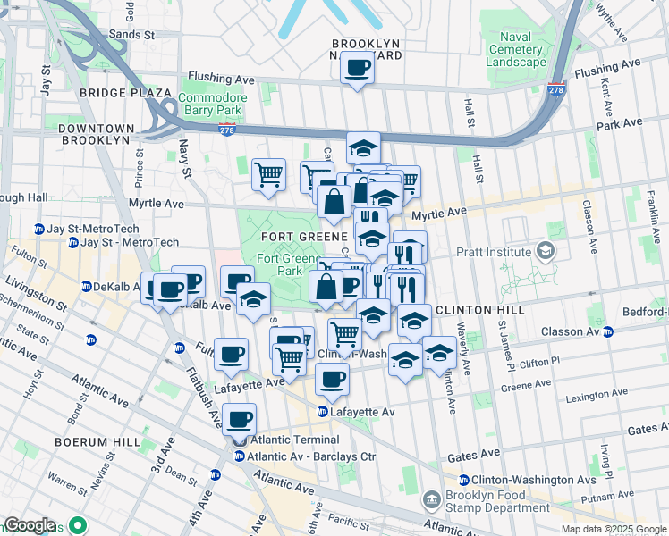 map of restaurants, bars, coffee shops, grocery stores, and more near 242 Carlton Avenue in Brooklyn
