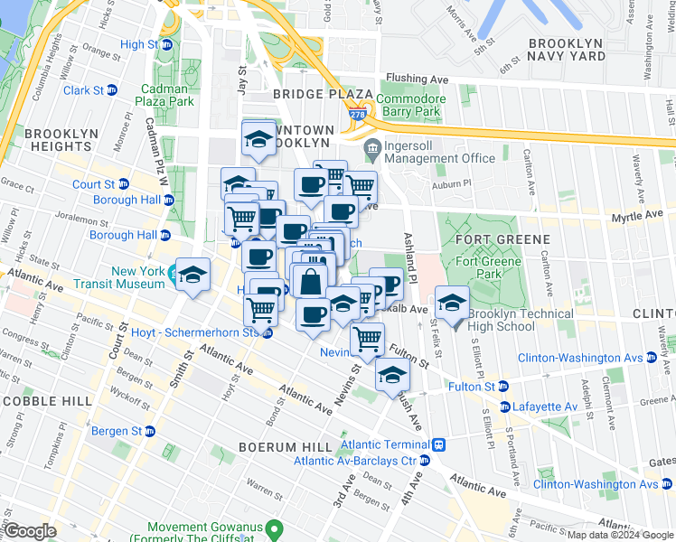 map of restaurants, bars, coffee shops, grocery stores, and more near 1 DeKalb Avenue in Brooklyn