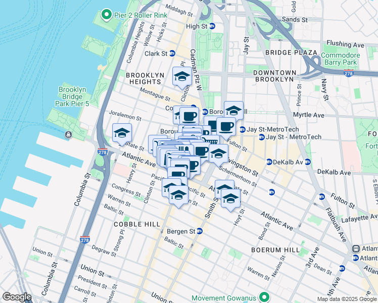 map of restaurants, bars, coffee shops, grocery stores, and more near 111-115 City Point in Brooklyn