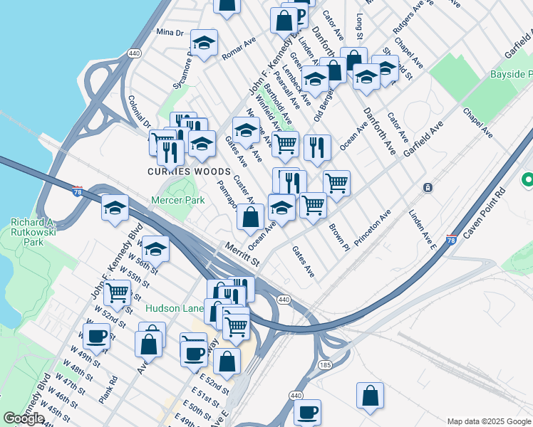 map of restaurants, bars, coffee shops, grocery stores, and more near 49 Ocean Avenue in Jersey City