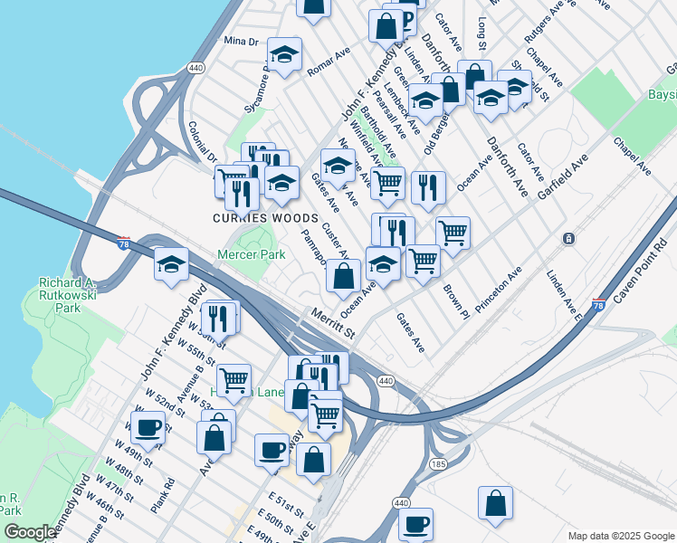 map of restaurants, bars, coffee shops, grocery stores, and more near 9 Pamrapo Avenue in Jersey City