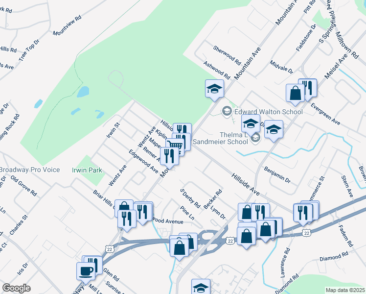 map of restaurants, bars, coffee shops, grocery stores, and more near 719 Mountain Avenue in Springfield
