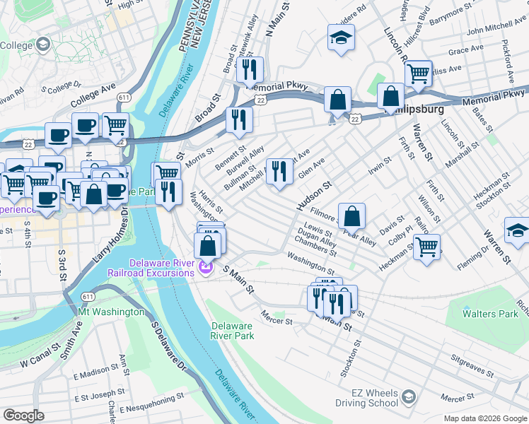 map of restaurants, bars, coffee shops, grocery stores, and more near 168 Chambers Street in Phillipsburg