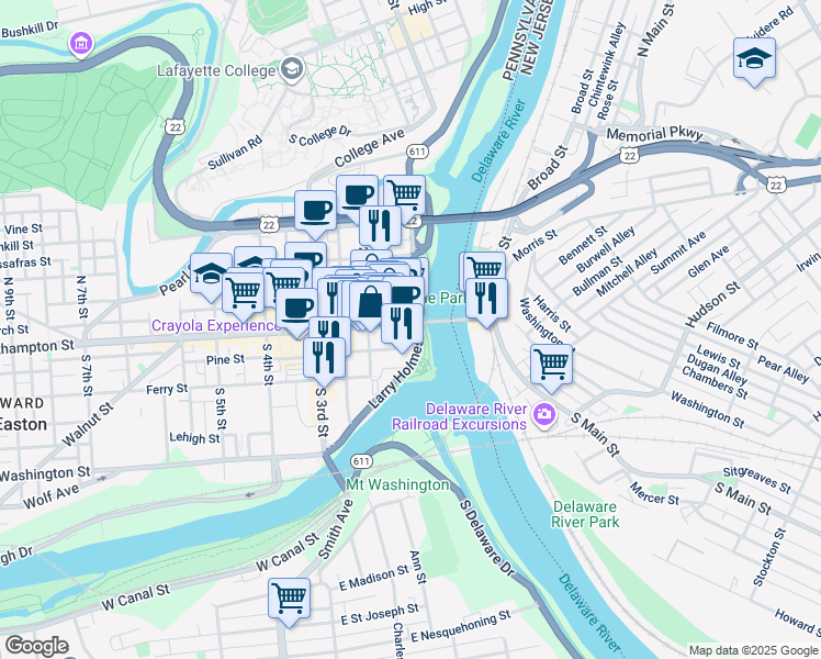 map of restaurants, bars, coffee shops, grocery stores, and more near 91 Larry Holmes Drive in Easton