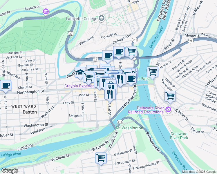 map of restaurants, bars, coffee shops, grocery stores, and more near 1 Lehns Court in Easton
