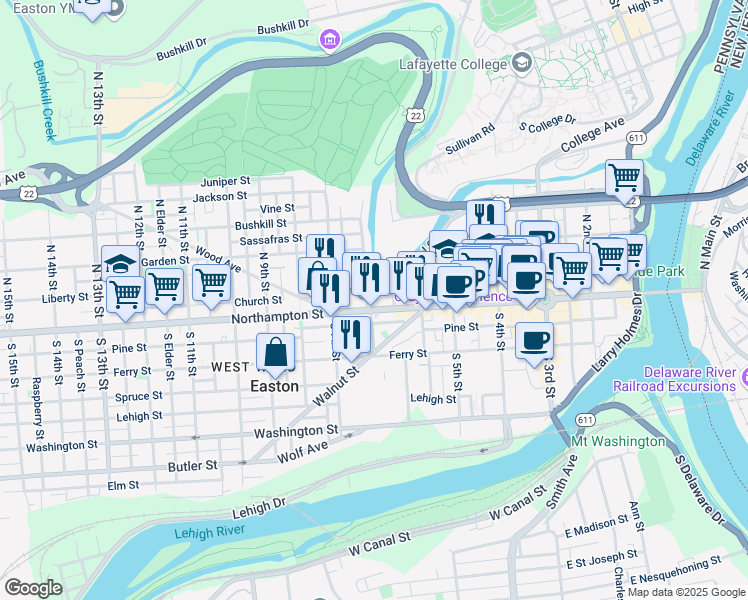 map of restaurants, bars, coffee shops, grocery stores, and more near 646 Pine Street in Easton