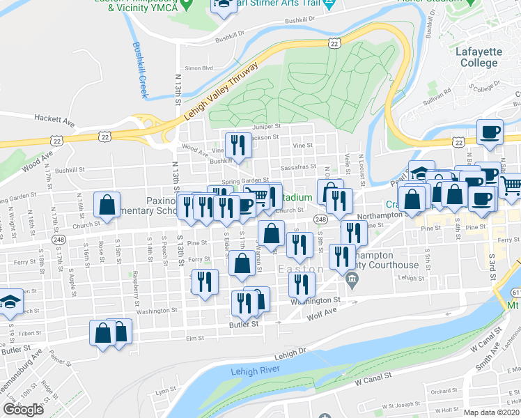 map of restaurants, bars, coffee shops, grocery stores, and more near 1019 Northampton Street in Easton
