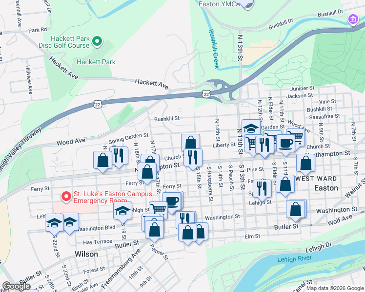 map of restaurants, bars, coffee shops, grocery stores, and more near 15 North 16th Street in Easton