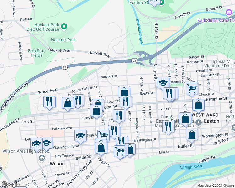 map of restaurants, bars, coffee shops, grocery stores, and more near 15 North 16th Street in Easton