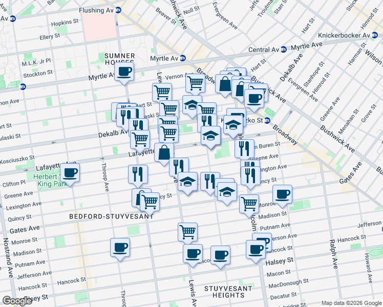 map of restaurants, bars, coffee shops, grocery stores, and more near 829A Greene Avenue in Brooklyn