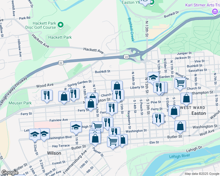 map of restaurants, bars, coffee shops, grocery stores, and more near 1539 Liberty Street in Easton