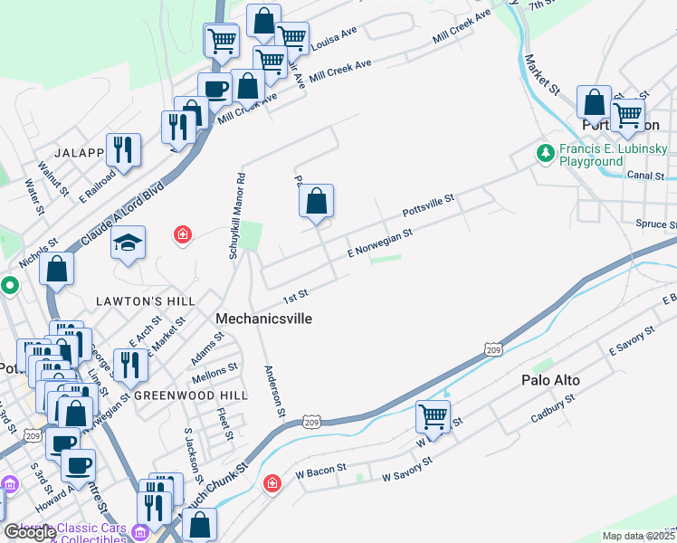 map of restaurants, bars, coffee shops, grocery stores, and more near 20 Park Street in Pottsville