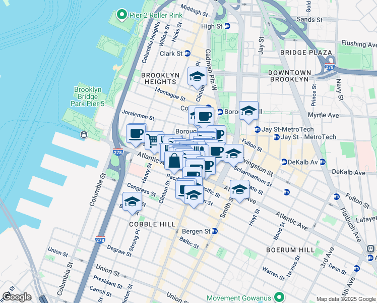 map of restaurants, bars, coffee shops, grocery stores, and more near 18 Schermerhorn Street in Brooklyn