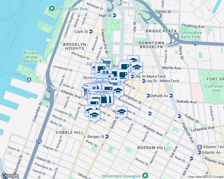 map of restaurants, bars, coffee shops, grocery stores, and more near 99 Schermerhorn Street in Brooklyn