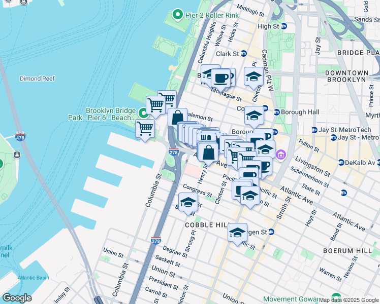 map of restaurants, bars, coffee shops, grocery stores, and more near Atlantic Ave & Hicks St in Brooklyn