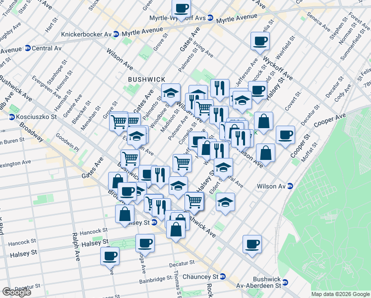 map of restaurants, bars, coffee shops, grocery stores, and more near 1219 Jefferson Avenue in Brooklyn