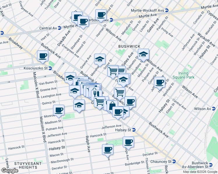 map of restaurants, bars, coffee shops, grocery stores, and more near 1154 Gates Avenue in Brooklyn