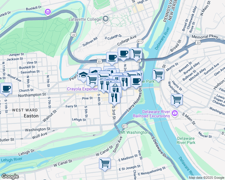 map of restaurants, bars, coffee shops, grocery stores, and more near 1 Lehns Court in Easton