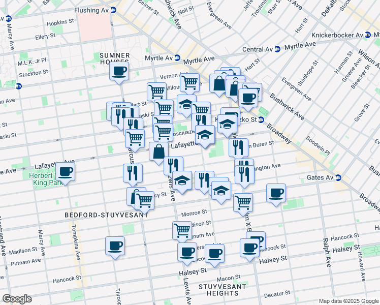 map of restaurants, bars, coffee shops, grocery stores, and more near 829A Greene Avenue in Brooklyn