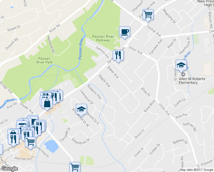 map of restaurants, bars, coffee shops, grocery stores, and more near 53 Maple Avenue in Berkeley Heights