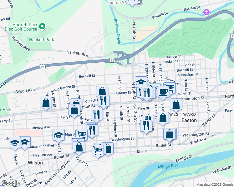 map of restaurants, bars, coffee shops, grocery stores, and more near 1415 Liberty Street in Easton